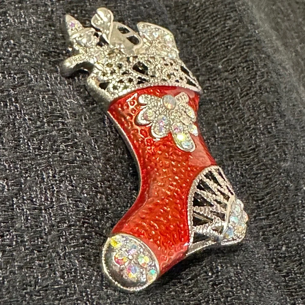 Vintage Christmas Stocking Brooch Red Enamel Rhinestone Holiday Pin